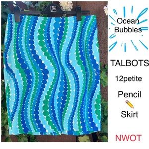 NWOT ⭐️ TALBOTS 🌊 🫧 ✏️ SKIRT, 12 Petite Blue BUBBLES cotton Skirt